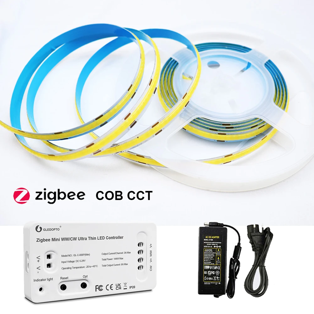 

Светодиодная лента Zigbee 3,0 COB CCT, двойная, белая, регулируемая яркость, 12 В, дистанционное управление через приложение, голосовое управление, для Alexa Google