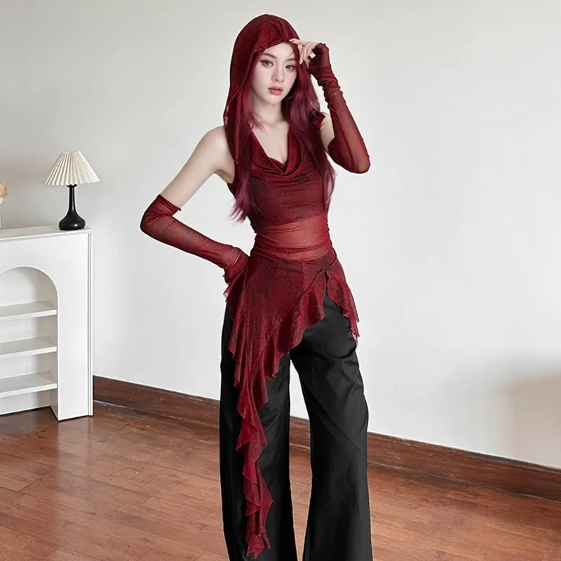

See Through Top Streetwear Hooded T-shirt Irregular Ruffle Oversleeve Blosue Women Sexy Y2k Vintage Gothic Hooded Streetwear