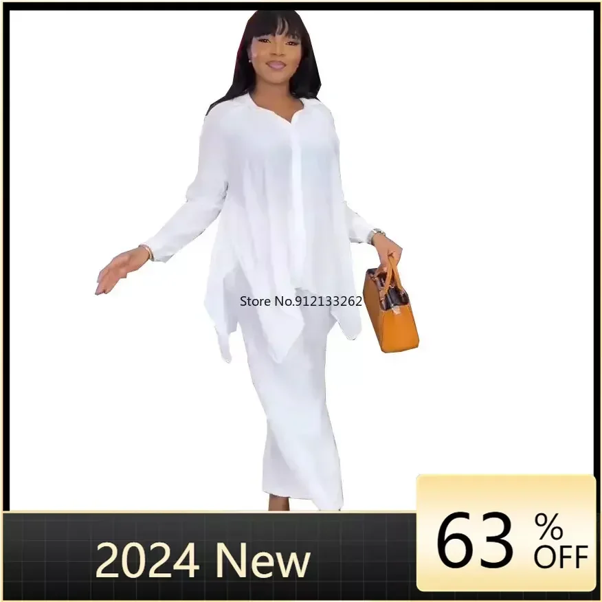 Ensemble 2 pièces pantalon large plissé pour femme, chemise à manches longues, survêtement droit, 2023