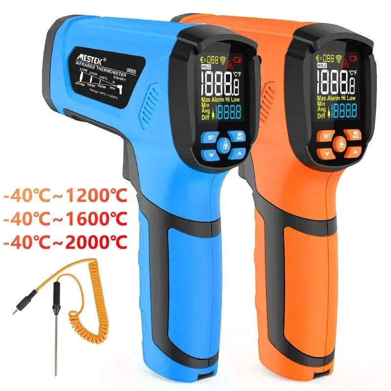 Non-Contact Infrared Thermometer -40°C~1600°C Industrial Grade Pyrometer with K-Probe Laser Pyrometer Adjustable Emissivity