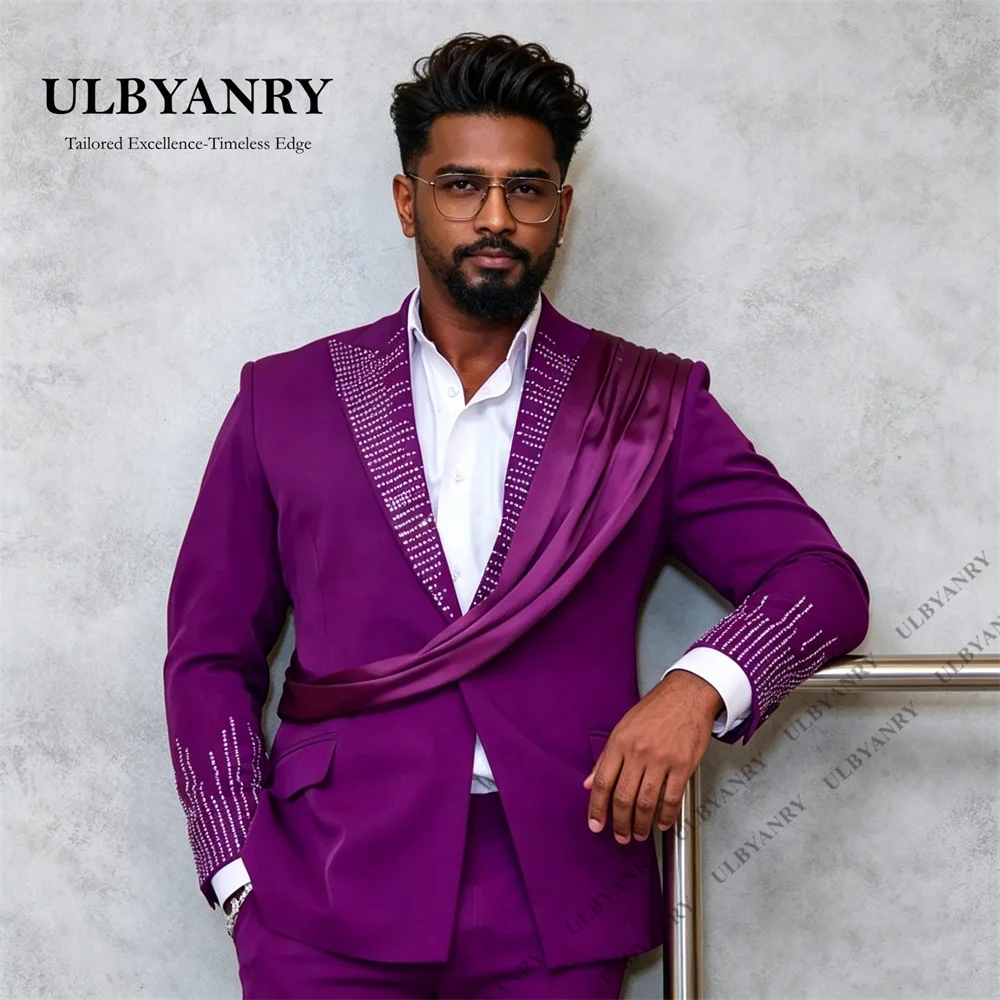 ULBYANRY Custom Fit Men's 2-Piece Formal Suit Set with Rhinestones Details One Button Jacket Satin 80+ Colors Wedding Groom Suit