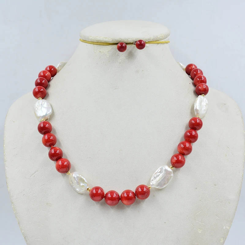 

12mm Natural Red Coral, Baroque Pearl Necklace Earring Set 18"