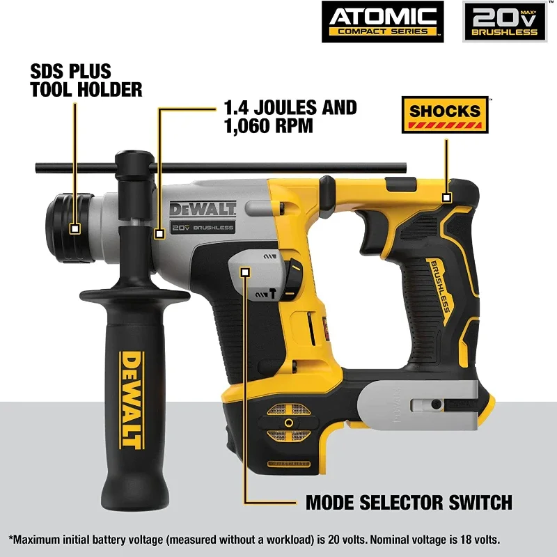 DEWALT DCH172 5/8in Brushless Cordless SDS Plus Rotary Hammer 20V Lithium Power Tools 1060RPM 4980BPM 1.4J Bare Tool