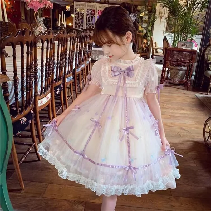 Children\'s Lolita Cake Dress Summer Elegant Bow Bubble Sleeves Girl\'s Casual Dress Party Dress Formal Occasion Kids Clothing