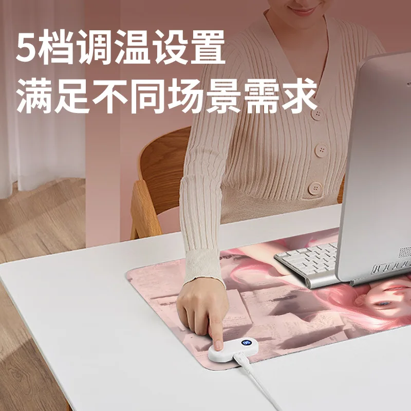 แผ่นรองเมาส์แบบอุ่นพร้อมจอแสดงผลดิจิตอล 5 ระดับ เครื่องทำความร้อนสำหรับโต๊ะทำงาน/อ่านหนังสือขนาดใหญ่ พร้อมแผ่นรองคีย์บอร์ดหนัง แผ่นรองโต๊ะอุ่นขนาดใหญ่
