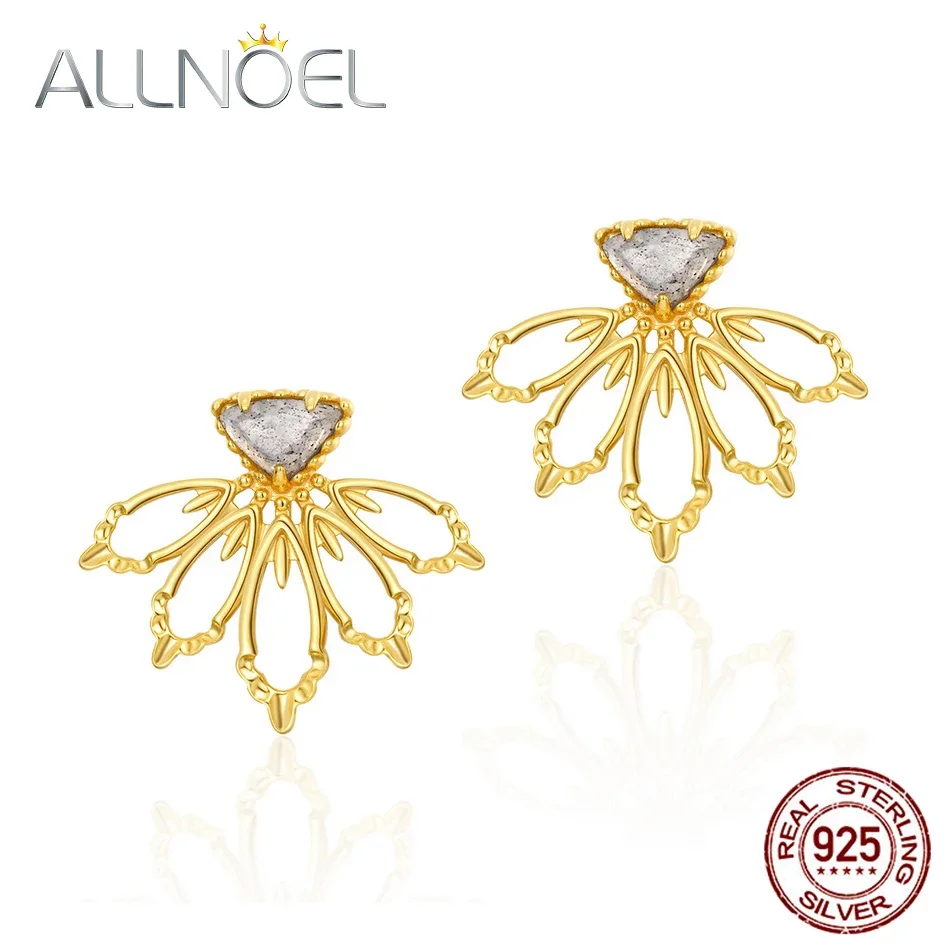 ALLNOEL Natural Labradorite 925 Sterling Silver Stud Earrings For Women Maple Leaf Gold Plated Chic Trendy Gifts Fine Jewelry