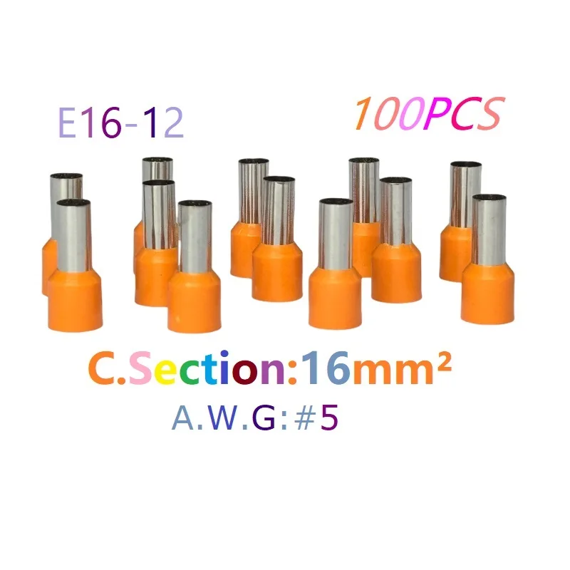 16mm² C.Section,Insulated Ferrules Cable Lug,Gauge#5 Wire Connector,Tube Crimping Terminal,Brass End Block 16-12,Per 100PCS