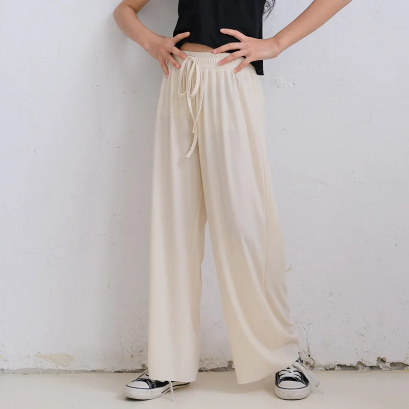 Summer Ice Silk Girls Panst Kids 2022 New Casual Solid Trousers Children Clothes Mid Elastic Waist Drawstring Wide Leg Pants