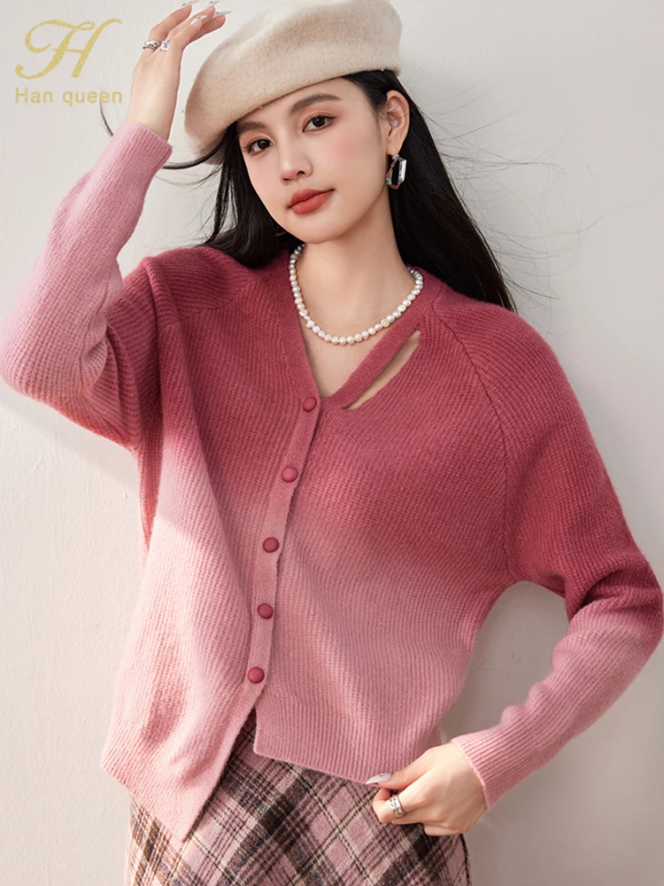 

H Han Queen Autumn Korean Women Casual Basic Long Sleeve Cardigans Vintage Tops Fade Color V-Neck Knitted Cardigan Sweater