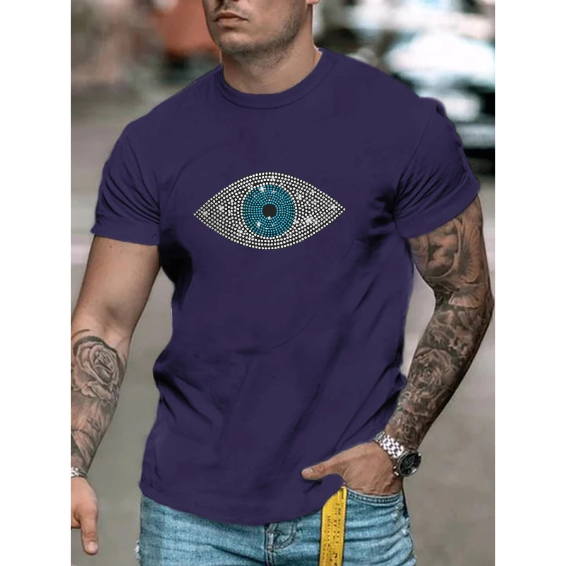 High Quality Fashion Men's Clothing Oversized Tee y2k Eye Rhinestone Designer Short Sleeve Tops Hip Hop Casual Street T-Shirt
