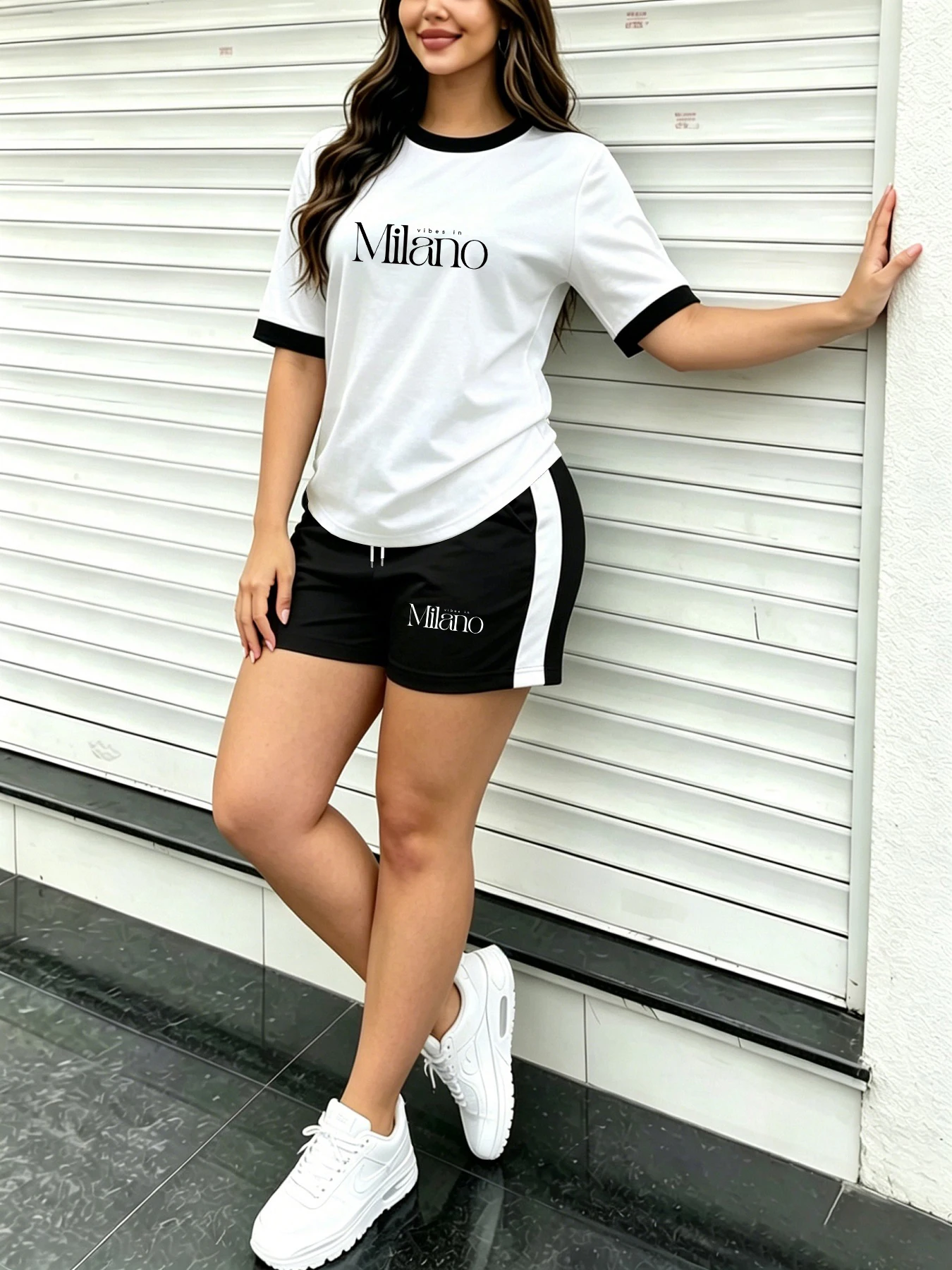 Intellectual Commuter Women's Short Sleeve Shorts Set Milano Letter Print Color-Block Round Neck Short Sleeve T-Shirt with Side Stripe Shorts Two-Piece Set Loose Fit Daily Home Outing Outfit Short-Term Work Outfit Set Summer Daily Casual Women's Wear