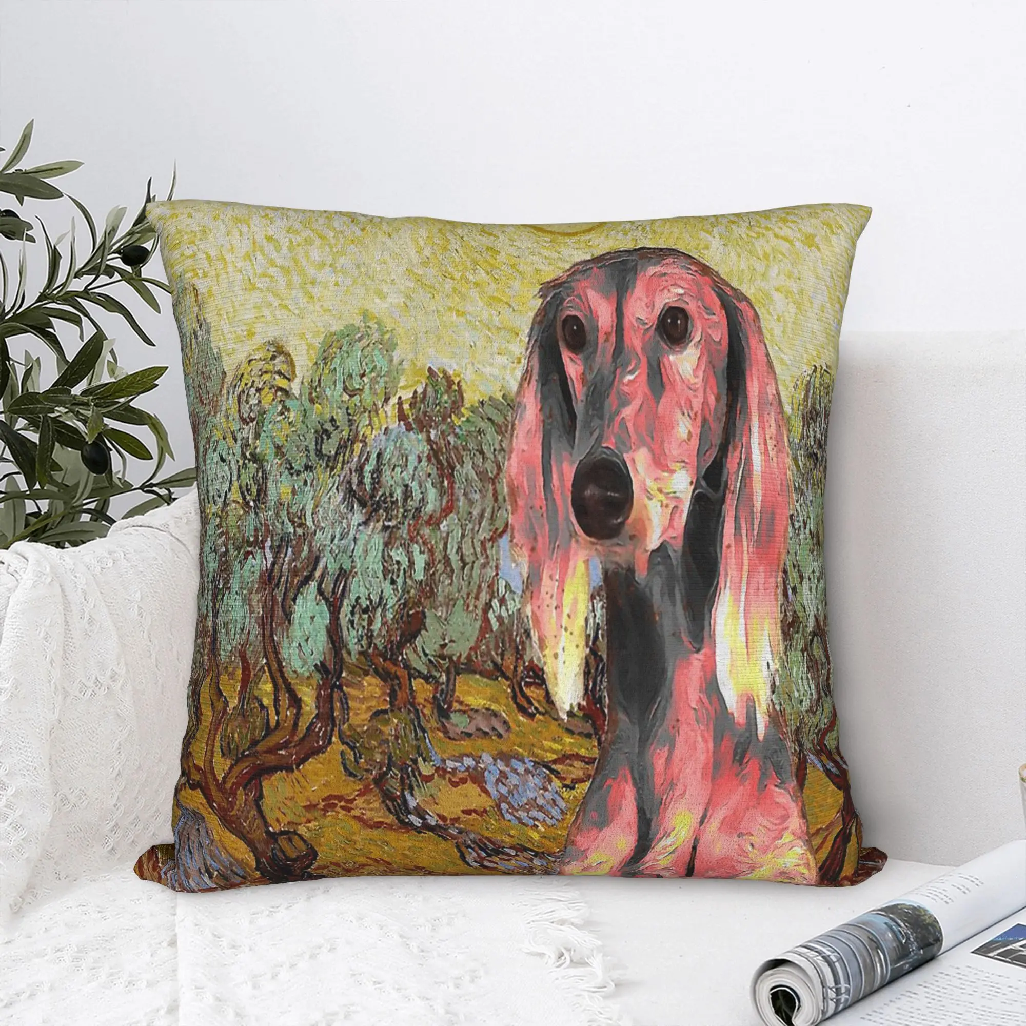 Saluki Van Gogh Art Olive Trees Square Pillow Case Dog Lover Cushion Cover Funny Polyester Decor Pillowcover for Home 40*40cm