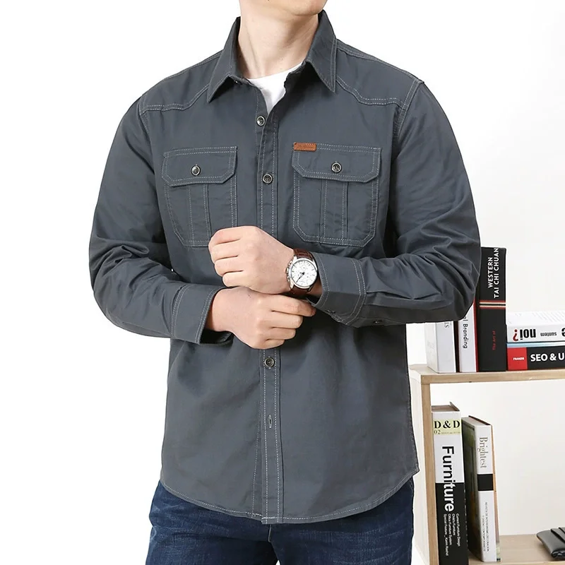 Men’s Workwear Casual Long Sleeve Shirt – Loose Fit Utility Pocket Button-Up Military-Style Cotton Shirt for Outdoor and Sport