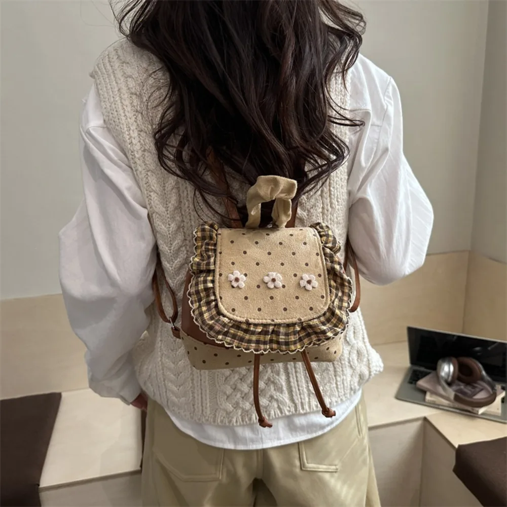 Fashion Lace Trim Mini Backpack Polka Dot Korean Style Small Book Bag PU Leather Flower Backpack Women