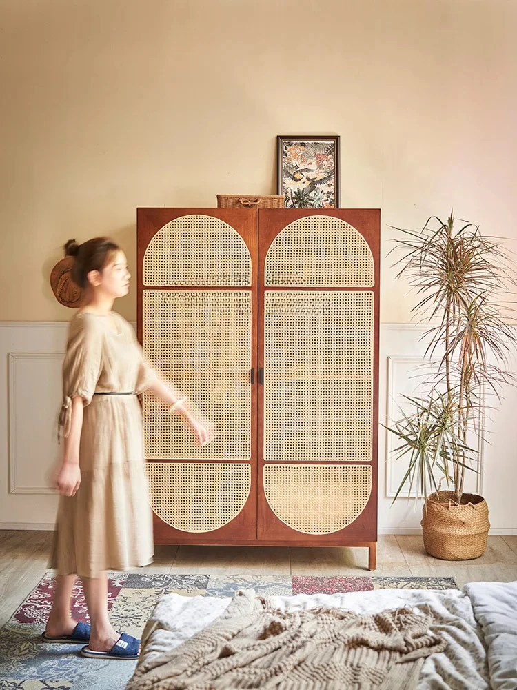 Nordic Vintage Wardrobe Rattan Solid Wood Bed & Breakfast Integrated Wall Locker Ash Wardrobe