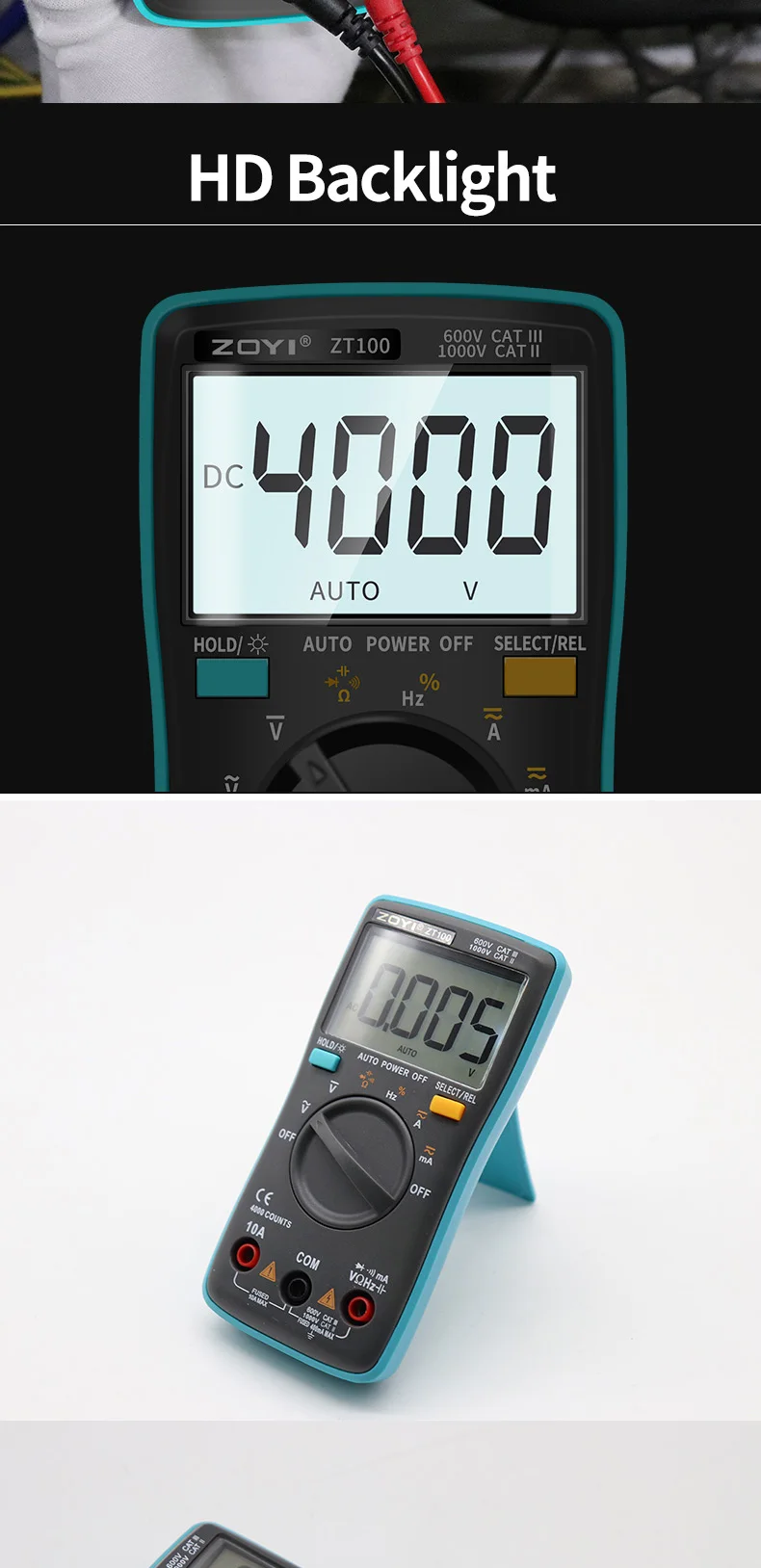 Zoyi zt100 4000 zählt digital multimeter esr meter tester automotive elektrische dmm transistor peak tester kapazitäts messer – Detail 6
