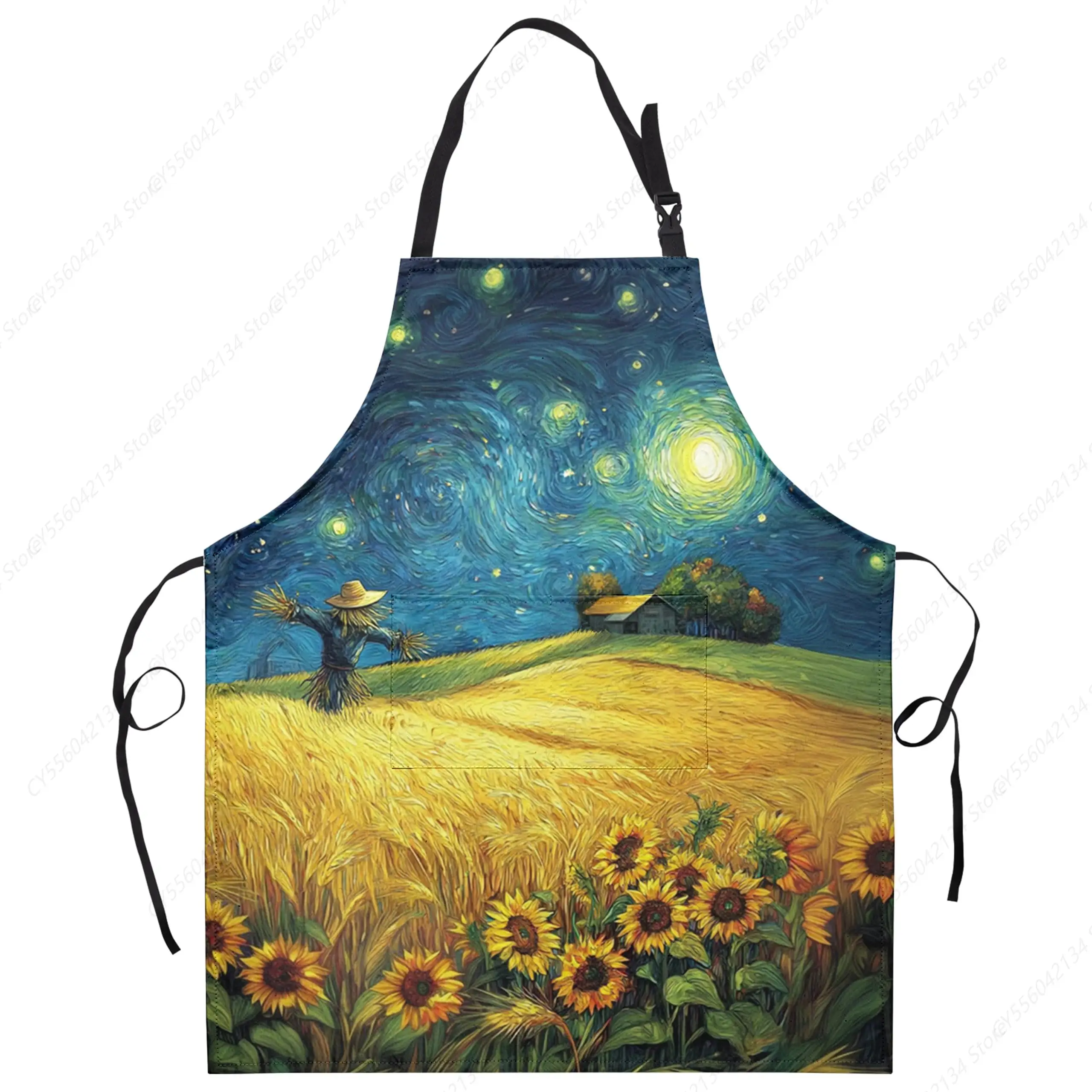 

Осенние фартуки Золотой подсолнух Пшеничное поле под звездной ночью Фартук с карманами Регулируемый ремень Осенний кухонный фартук шеф-повара