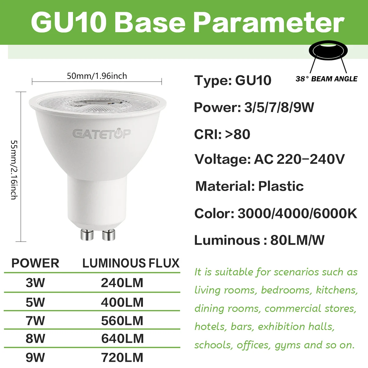 1-10PCS  80LM/W  Foco Led GU10 Spotlight Bulb 38 Bean Angle Hight CRI 3W 5W 7W 8W 9W No Flicker Lamps 220V Replace Halogen Lamp