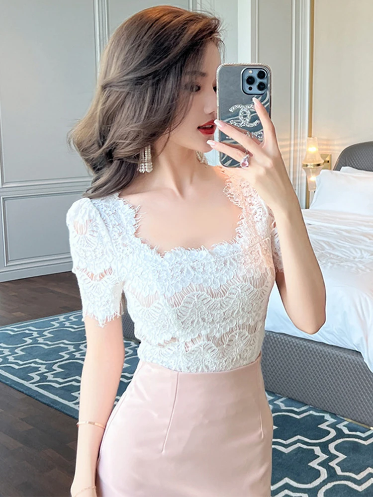 2023 Fashion Elegant White Blouse Hook Floral Hollow Women Tops Sweet Outfits Sheer Lace Sexy T-Shirts Tees Party Street Clothes