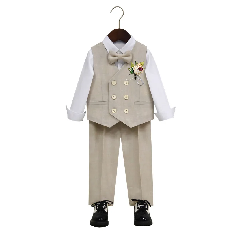 

Boys beige vest suit spring summer children's performance birthday party photography costume kids waistcoat pants bowtie outfit