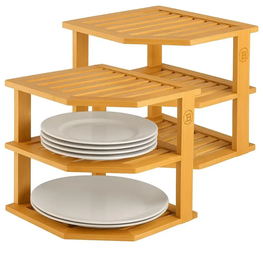 

Plate Organizer for Cabinet Bamboo Corner Shelf for Kitchen or Bathroom Storage, SpaceSaving Rack for Dishes, Countertop, Cabine