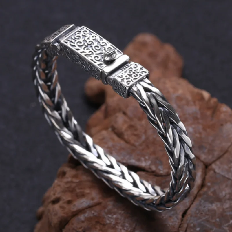 

Unibabe S925 Sterling Silver Carved Hand Made Woven Bracelet Male Thai Silver Classical Retro Weave Bracelets Jewelry Gift