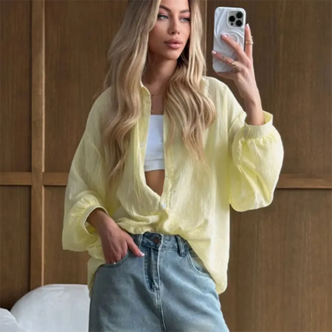 

WXOY Oversized Sheer Crepe Blouse Women Summer Long Sleeve Open Front Shirts Casual Loose Thin Beach Cover Up Shirts