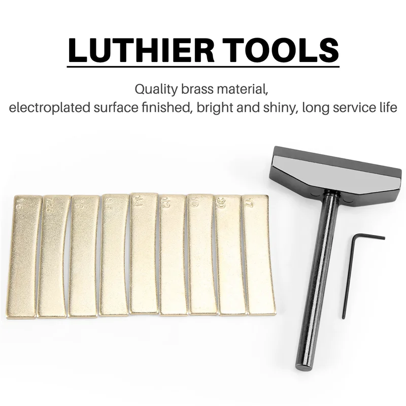 

A69P-Luthier Tools Set Guitar Bass Fret Press Caul Fingerboard Pressing Tool + 9Pcs Brass Radian Fret Inserts With Hex Wrench