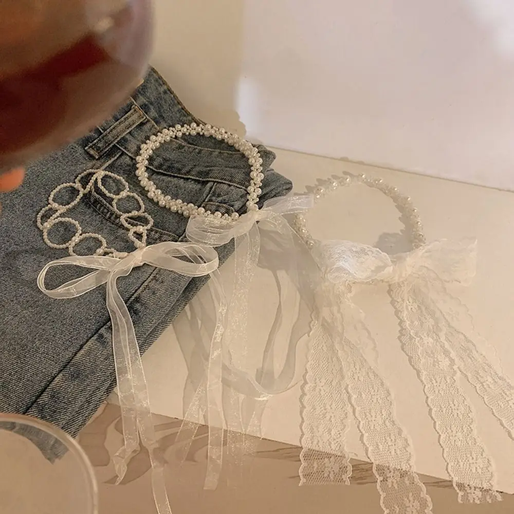 Diadema trenzada de plástico con cadena para el pelo, accesorios para el cabello, diadema de encaje con perlas, color blanco