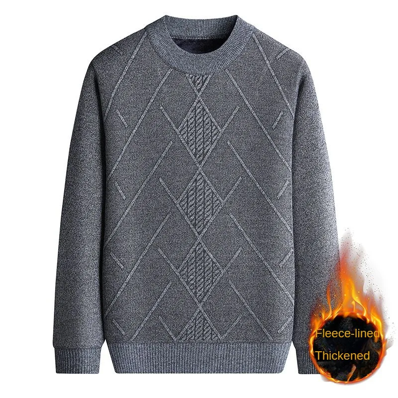 

Winter Diamond Lattice Men's Sweater Fleece Solid Long Sleeve Fashion Warm Loose Sweaters Casual Thickness Pullovers