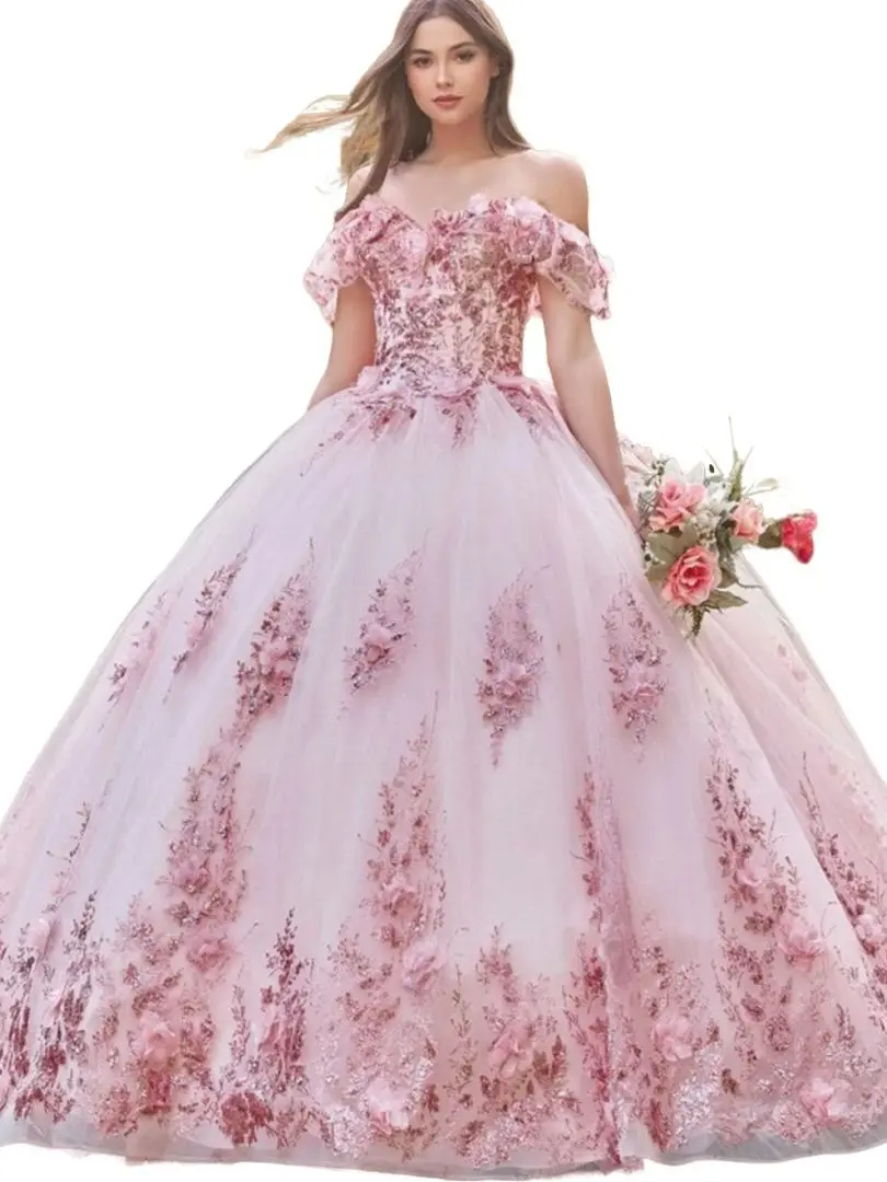 Tulle 3D Floral Appliques Ballgown Quinceanera Dresses Off The Shoulder Sweetheart Vestidos De 15 Quinceanera Corset Prom Gown