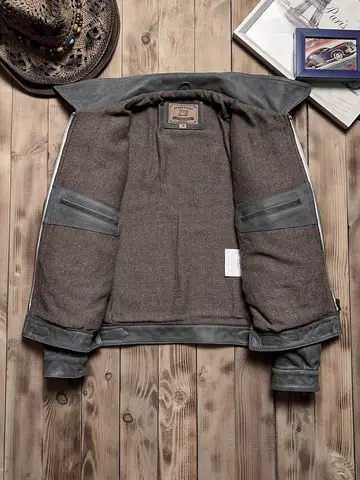 Grå vinterläderjacka i retro vintagestil, plusstorlek 5XL, äkta naturligt kohud, tysk militärflygläderjacka 8 best sales Tyska rockar - №1