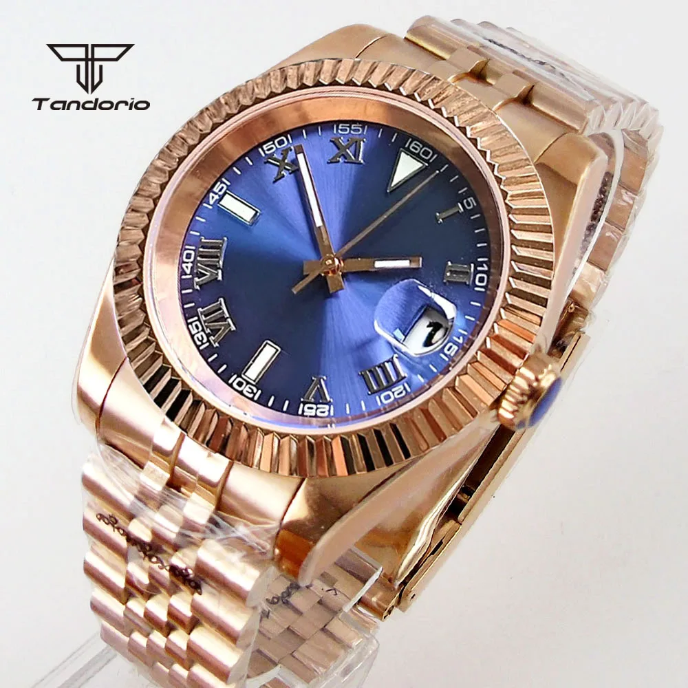 

Dress Rose Golden Coated 36mm/39mm Men Automatic Watch Bracelet NH35A PT5000 Blue Sunburst Dial Date Fluted Bezel Sapphire Glass