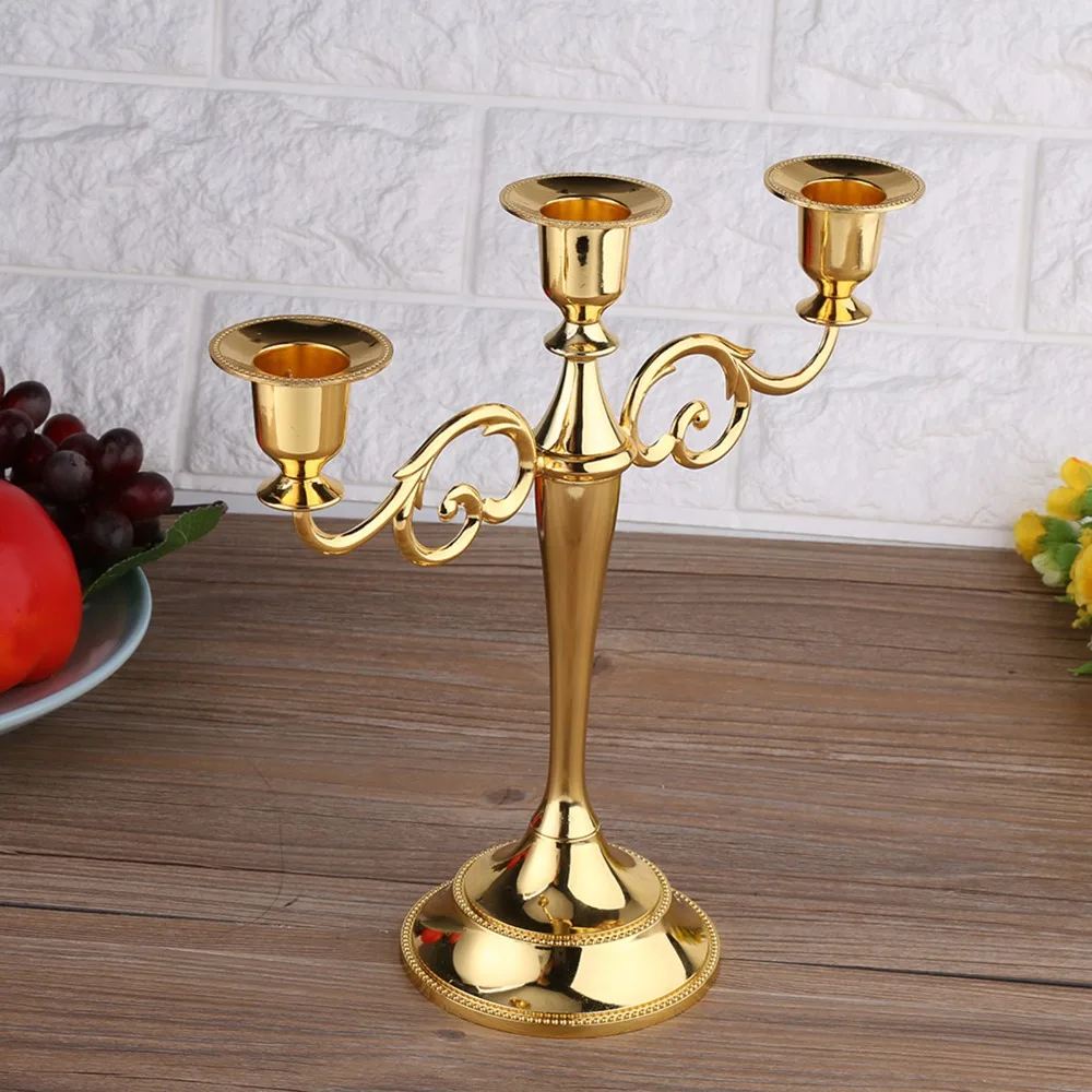 3 Arm Metal Candle Holder Polished Finish Gold Candle Candelabra Zinc Alloy Elegant European Centerpiece Stand Table Centerpiece