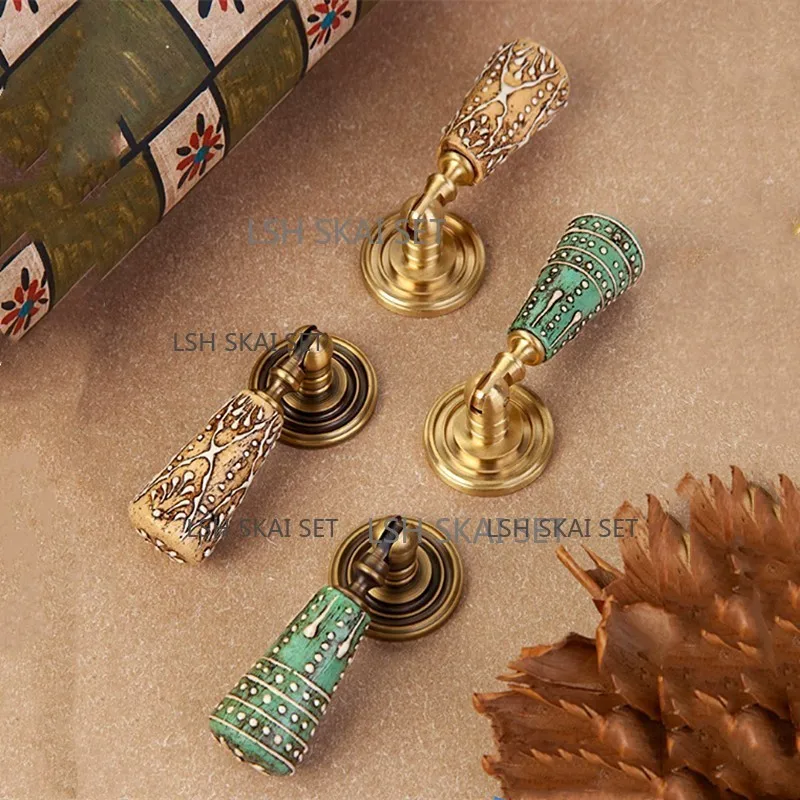 1 Pc Hand-painted Solid Wood Brass Furniture Pulls Retro-style Cupboard Door Handles Desk Drawer Knobs Kitchen Cabinet Handles