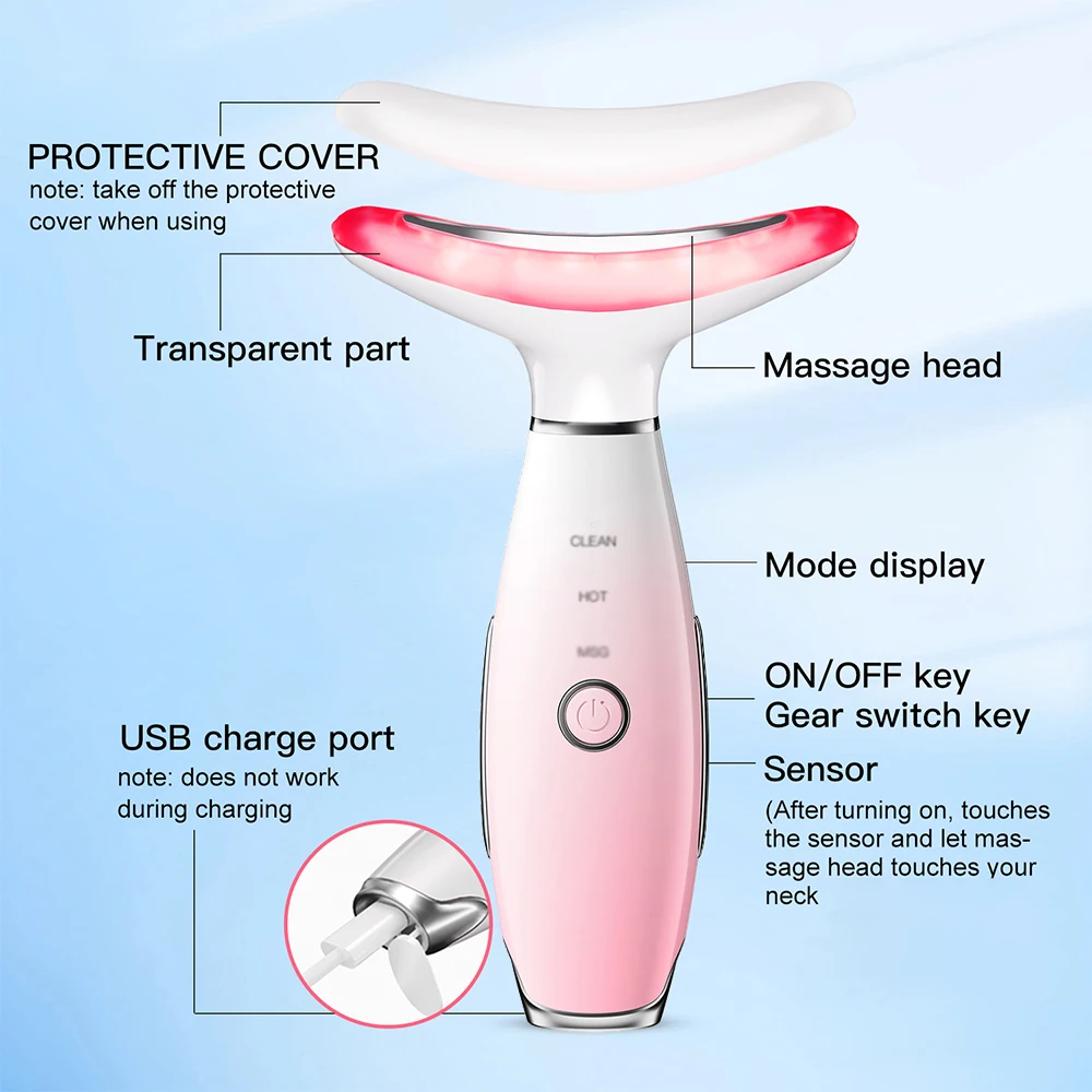 3 in 1 EMS Neck Facial Beauty Device with Thermal Neck Lifting Vibration LED Facial Massager Double Chin Remover Skin Care Tool