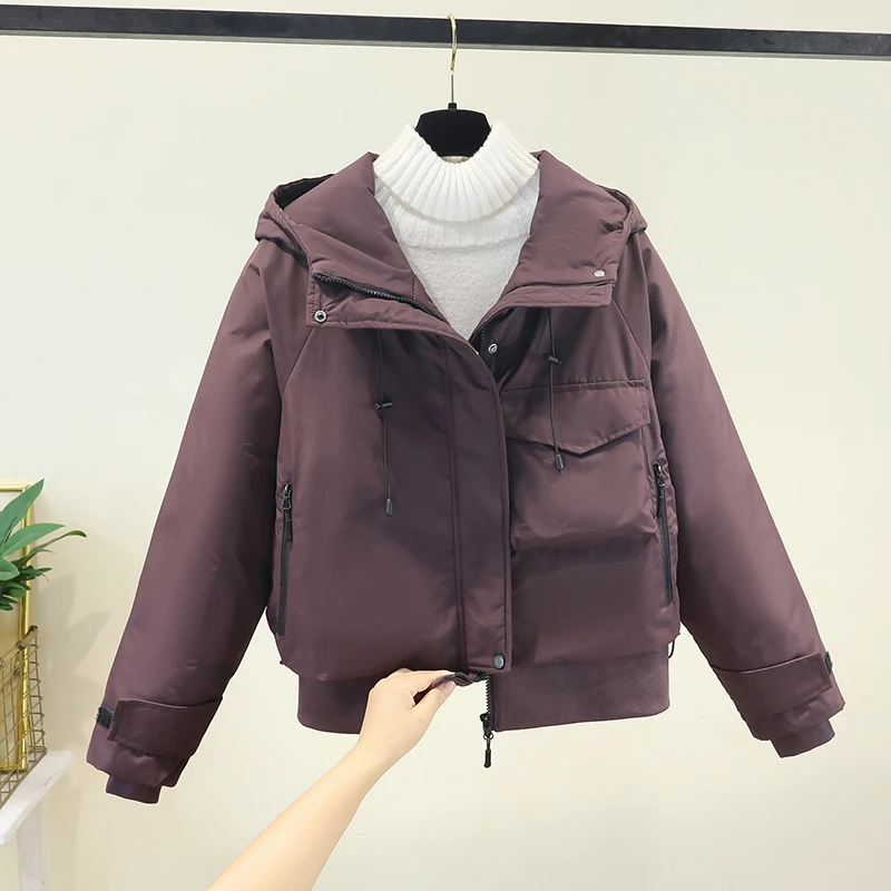 เสื้อโค้ทผู้หญิงแบบใหม่ ปี 2025 ผ้าฝ้ายผสมขนเป็ด ทรงหลวม สไตล์ลำลอง แฟชั่นฤดูหนาว เสื้อคลุมมีฮู้ดสุดเทรนดี้