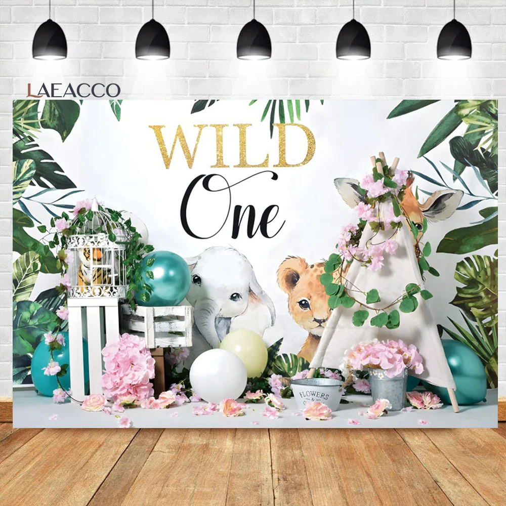 

Laeacco Safari Party Birthday Scene Photography Background Cute Animals Tropical Leave Newborn Kids Portrait Customized Backdrop