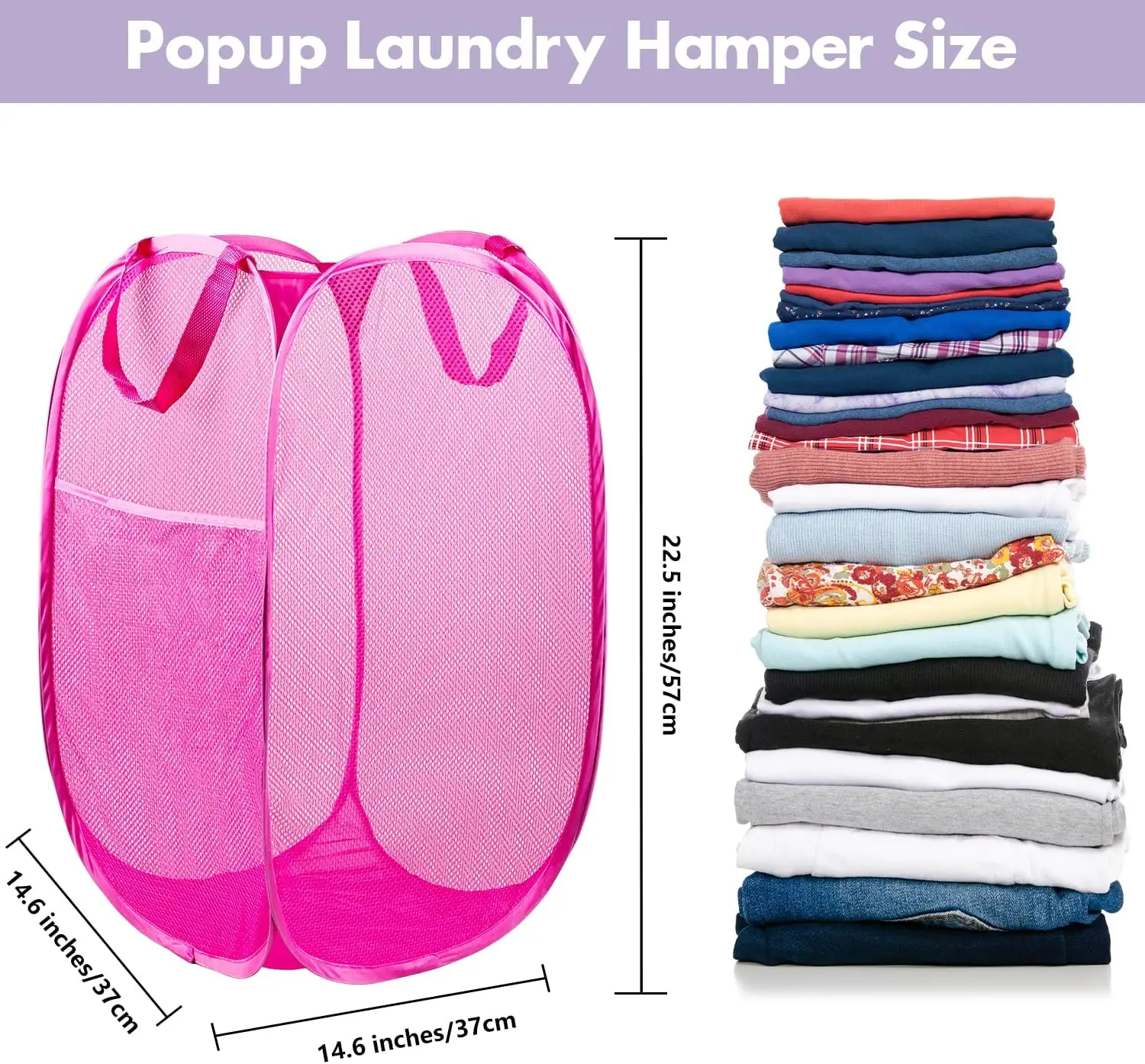 Pop Up Laundry Hamper 70L Collapsible Mesh Basket with Side Pocket and Sturdy Handles for Dorm Bedroom Travel Storage Pink - view 2