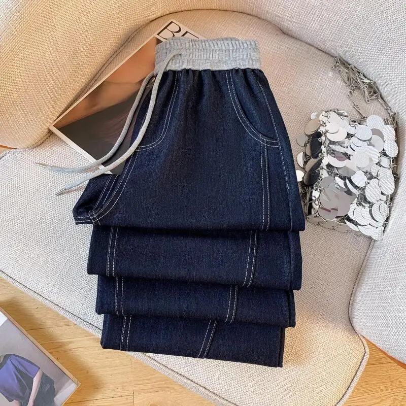 Mädchen Herbst Dark Jeans Lose Kordelzug Faul Hohe Taille Casual Hosen Weibliche Vielseitig Komfortable Neue Breite Bein Hosen Großhandel