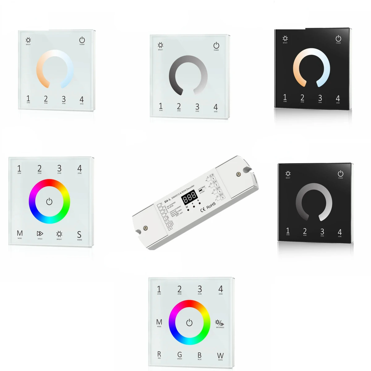 4 Zone  Single color Dual color RGB RGBW Wall Mounted Touch Panel DMX Controller 100-240VAC DMX512, RF 2.4GHz T11,T12,T13,T14