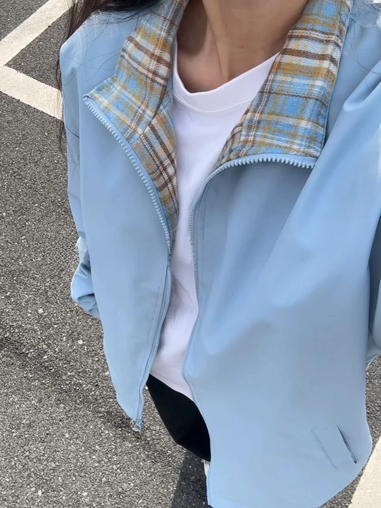 

Fitche Plaid Patchwork Jaet Men's High-End Feeling Cool Hatl Stand Collar Fce Spring Baseball Outfit Coat