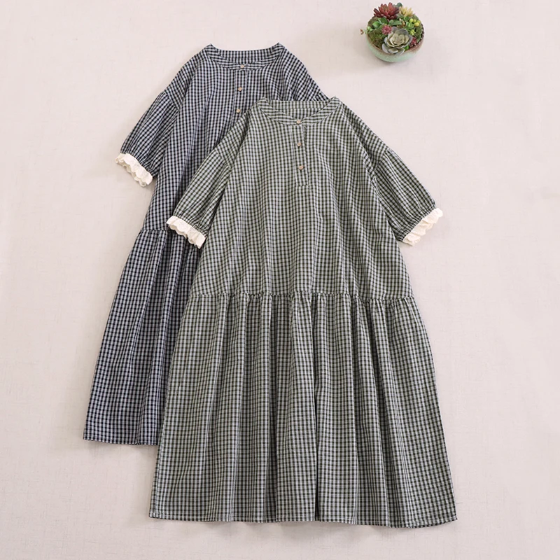 

Japanese Mori Girl Vintage Plaid Short Sleeve Dress Women Summer New Retro Half Open Collar Casual Loose A-Line Long Dresses
