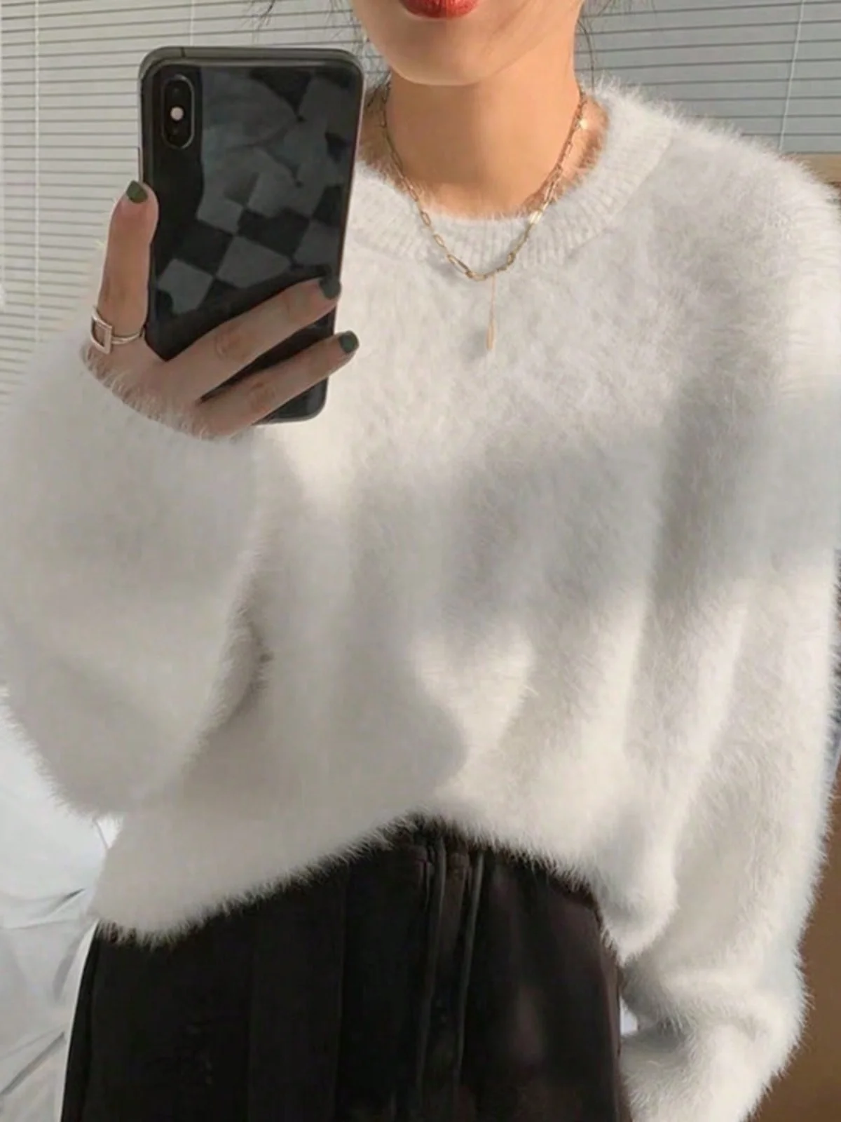 

Chic Spring Autumn White Fur Collar Loose Knitted Sweater Women's round Ne Pullover Vintage Outerwear Casual Long Sve