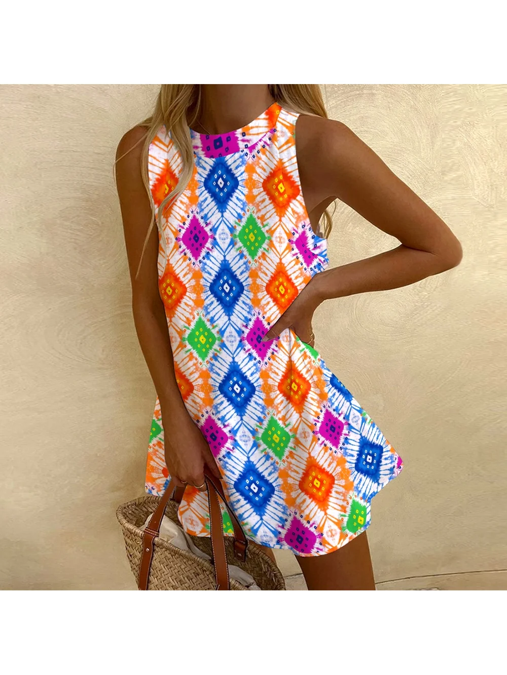 Summer Dopamine Style Dress Casual Crew Neck Sleeveless Beachwear Fashion Color Rhombus Printed A-Dress Holiday Wear