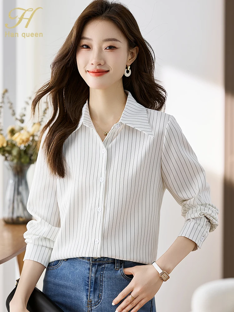 H Han Queen camisa femenina de manga larga Casual coreano OL blusas sueltas mujeres Tops Simple raya Oficina Blusa de gasa Primavera Verano