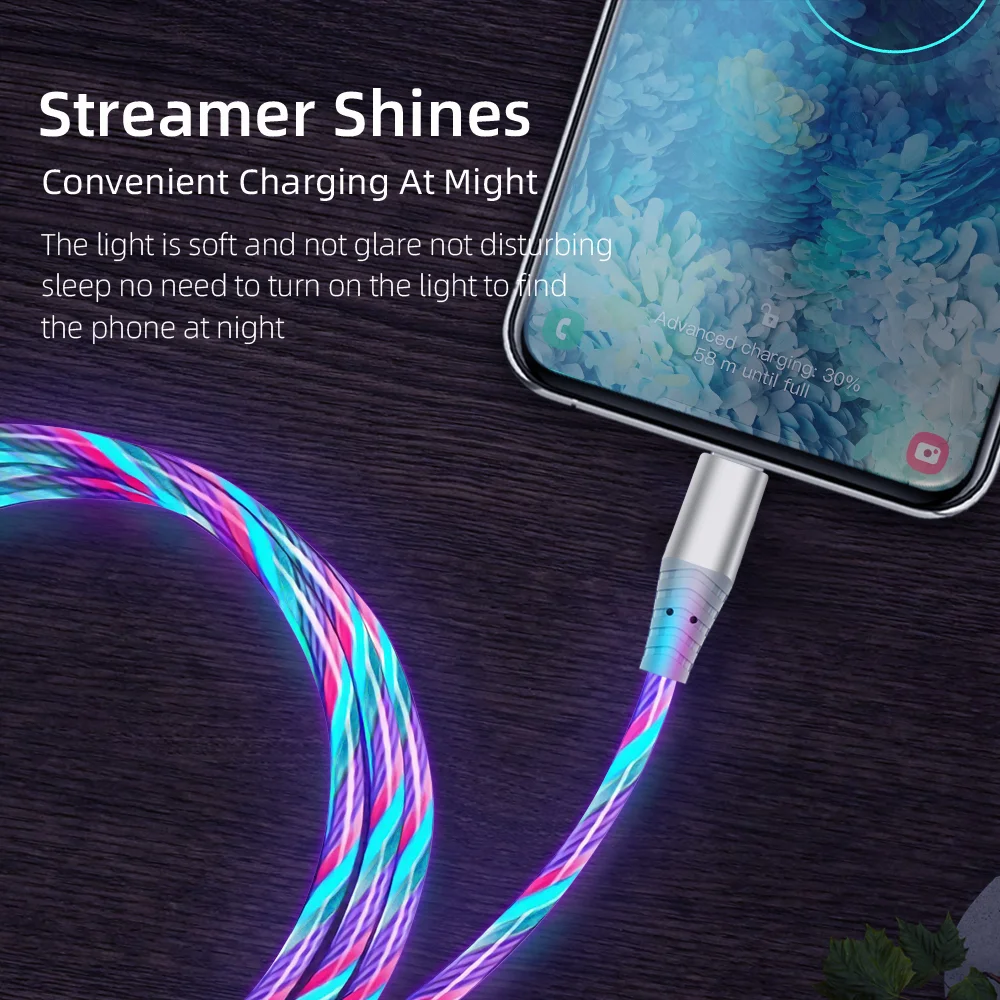 3A Glowing Cable Micro USB Type C Cable Fast Charging For iPhone Huawei Xiaomi LED light Charger Flowing Streamer USB C Cord