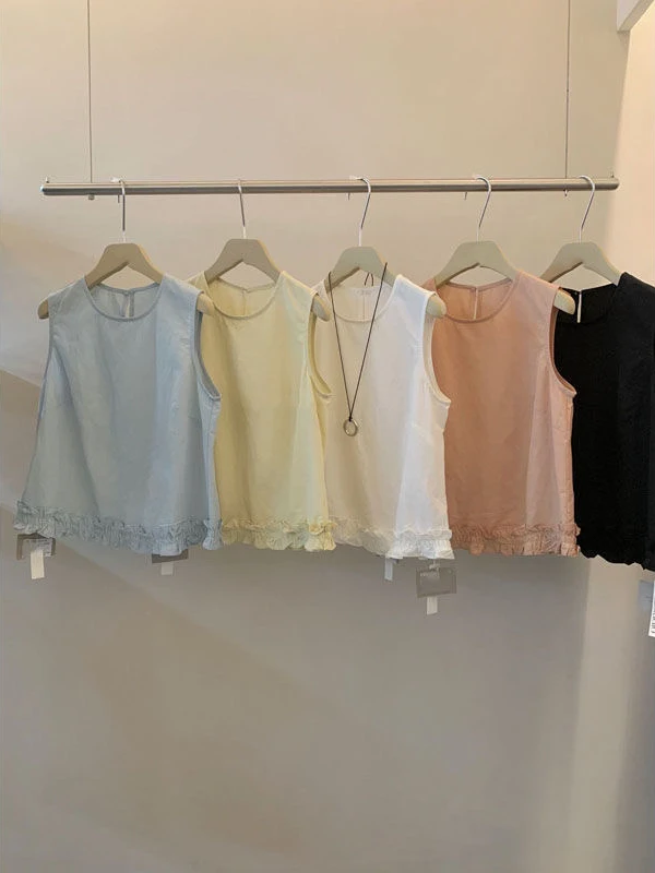 여름 신상 여성용 면 셔츠 민소매 나무 가장자리 헴 소형 사이즈 패셔너블 젊고 트렌디한 소형 탑