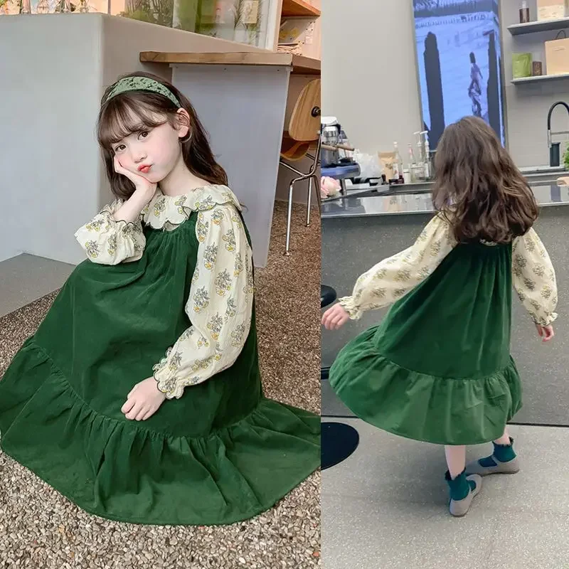 Autumn Lace Floral Dress Shirt Two Pieces Set Elegant Child Girls Midi Dress Children Dresses For Teens Party Princess Sundress