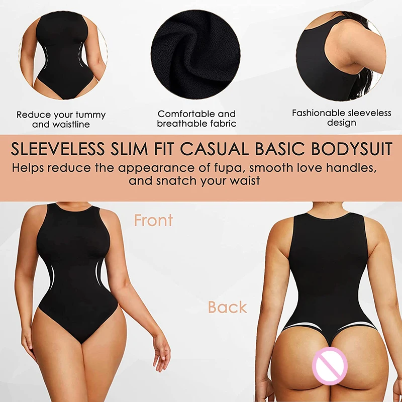 Bodysuit Women Casual Sexy Slim Jumpsuit Sleeveless High Neck Solid Tank Top Body Shaper Tummy Control Seamless Thong Shapewear